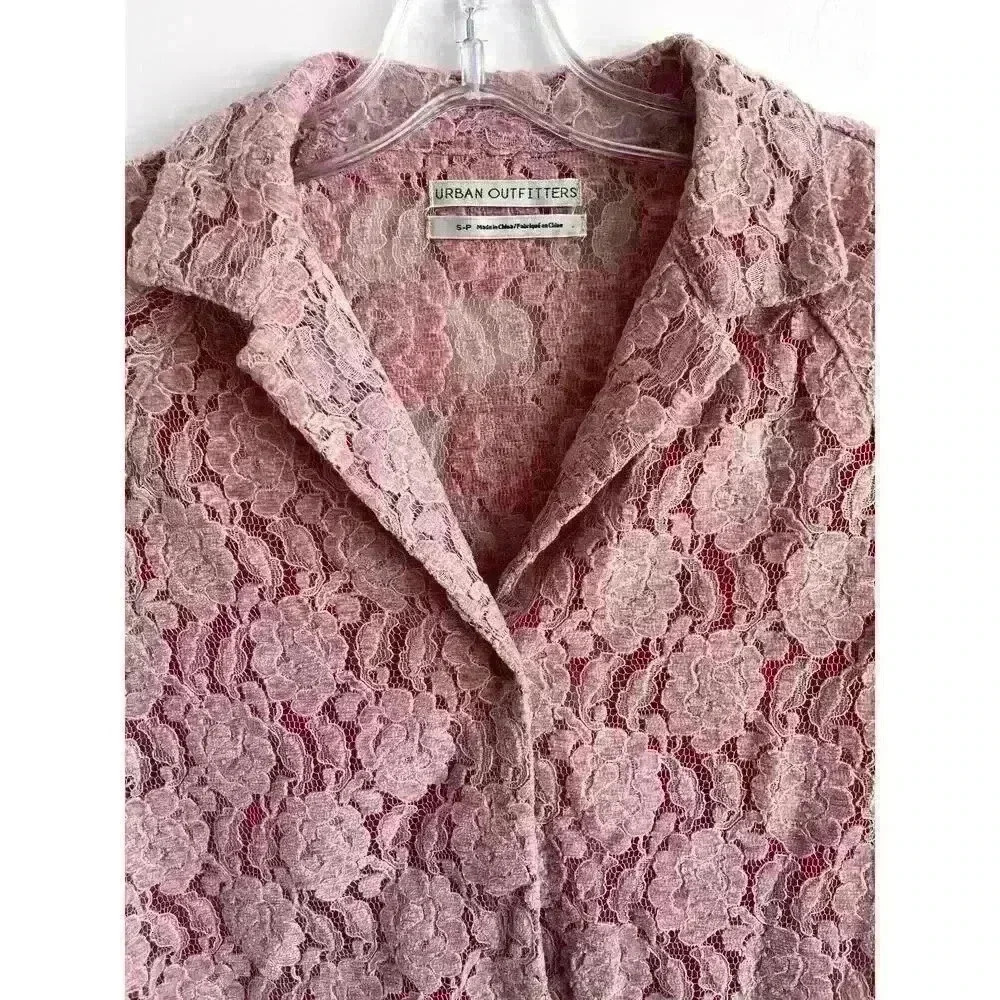 Urban Outiftters Sz SM Pink Lace Cropped Shirt Cottage Core Romantic Fairy - Picture 4 of 12